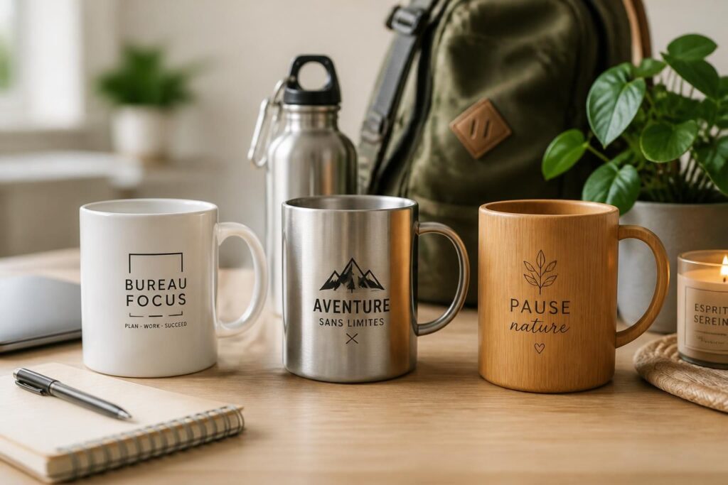 découvrez notre sélection de mugs personnalisés en céramique, inox ou bambou, le goodie idéal pour toute occasion. offrez un cadeau unique et écologique qui saura ravir vos proches ou clients.