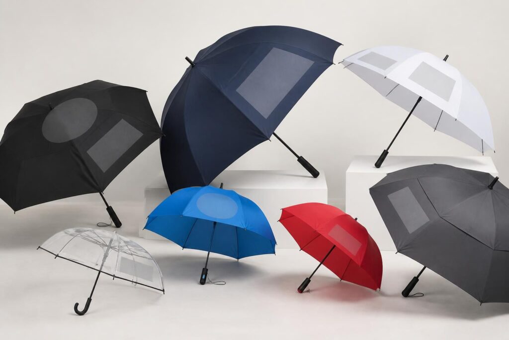 découvrez nos parapluies personnalisés avec différentes tailles, modes d'ouverture et zones de marquage pour une communication efficace et élégante.